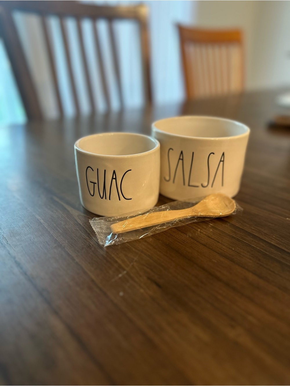 White Ceramic Guac & Salsa Serving Bowl Set with Wooden Spoon